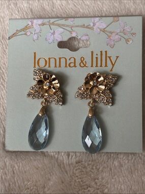 lonna & lilly Gold Floral Earrings with Pale Blue Teardrops